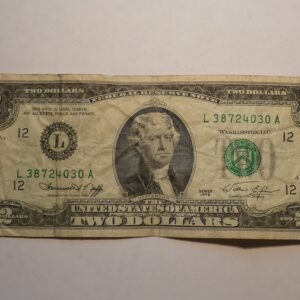 Two dollar bill with Thomas Jefferson.