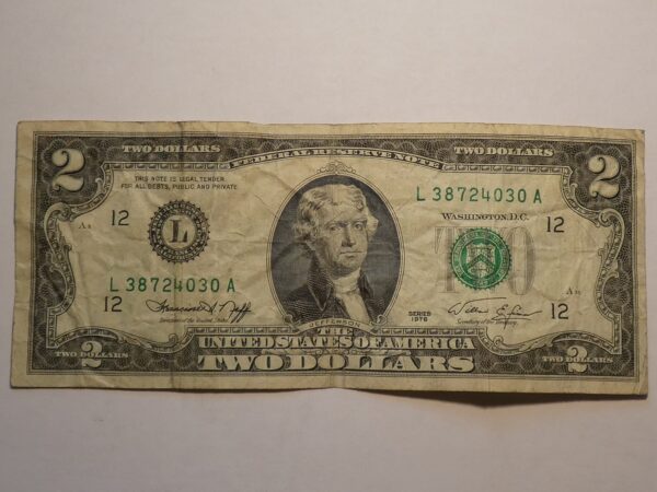 Two dollar bill with Thomas Jefferson.