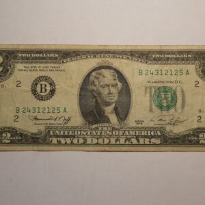 Two dollar bill with Thomas Jefferson portrait.