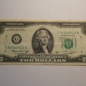 Two dollar bill featuring Thomas Jefferson.