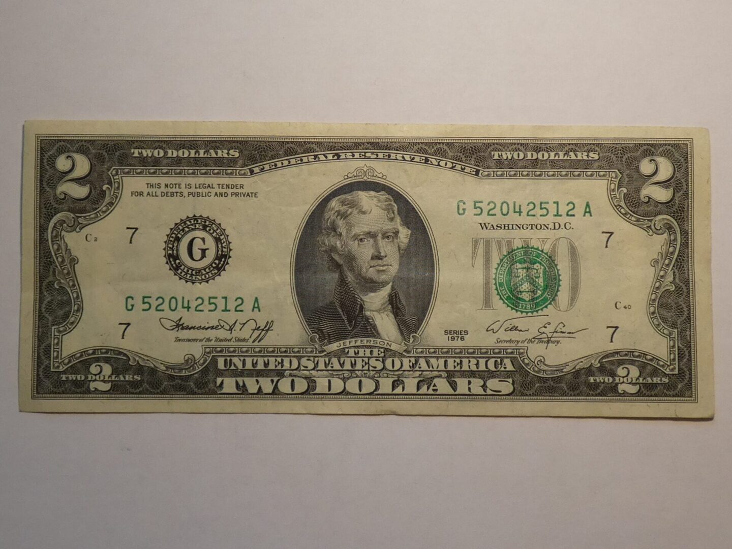 Two dollar bill featuring Thomas Jefferson.