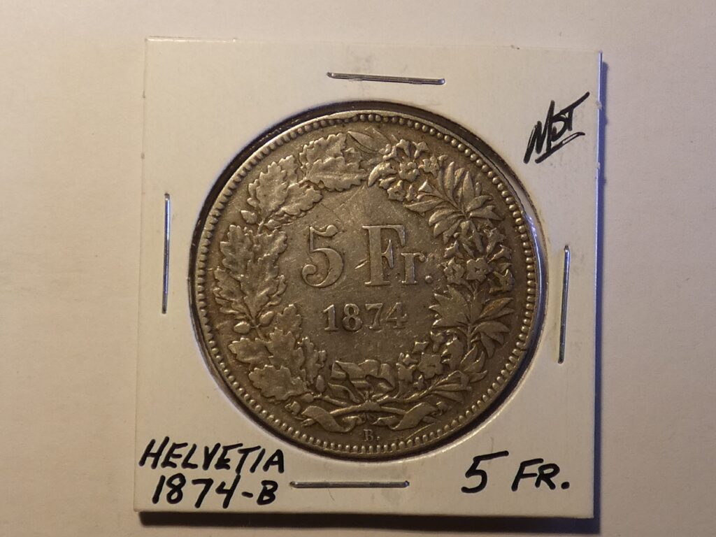 Swiss 5 Franc coin from 1874.