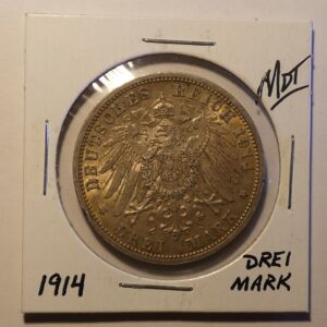 1914 German three mark coin with eagle.