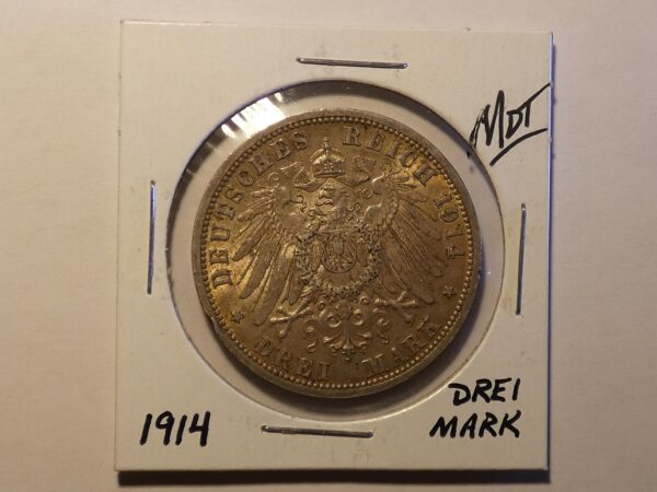 1914 German three mark coin with eagle.