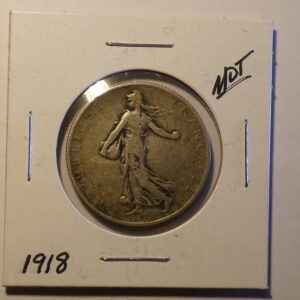 1918 French silver five franc coin.