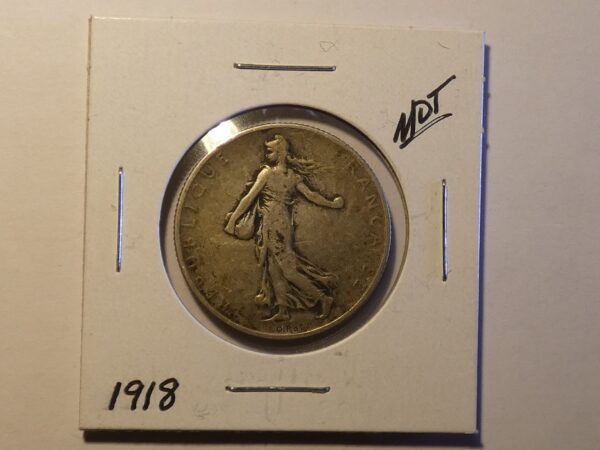 1918 French silver five franc coin.