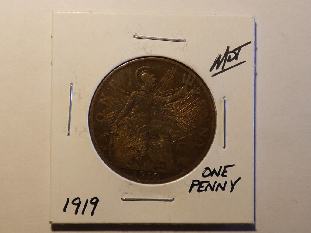 1919 British one penny coin.