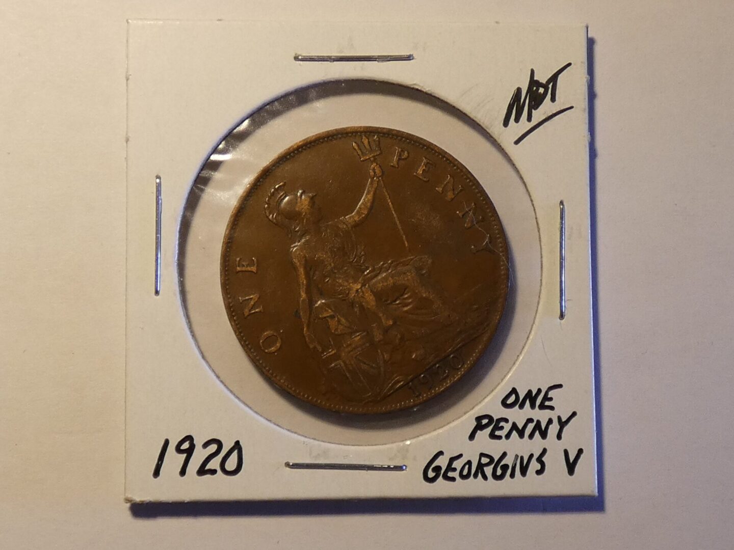 1920 British one penny coin with George V.