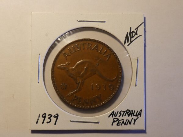 1939 Australian penny coin with kangaroo.