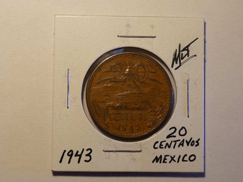 1943 Mexican 20 centavos coin.