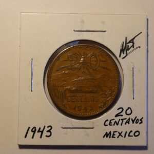 1943 Mexican 20 centavos coin.