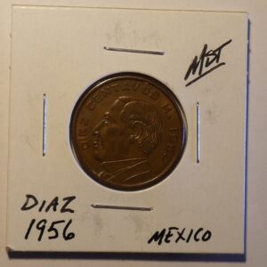 1956 Mexican 10 centavos coin with Diaz portrait.