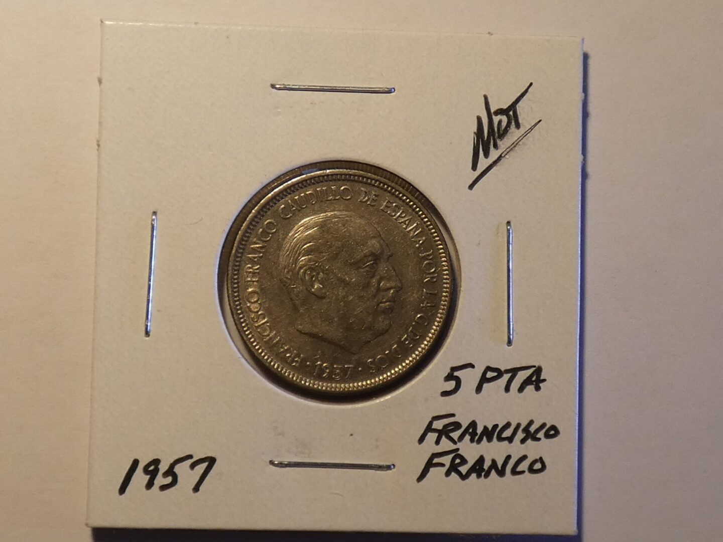 1957 Spanish 5 peseta coin with Francisco Franco.