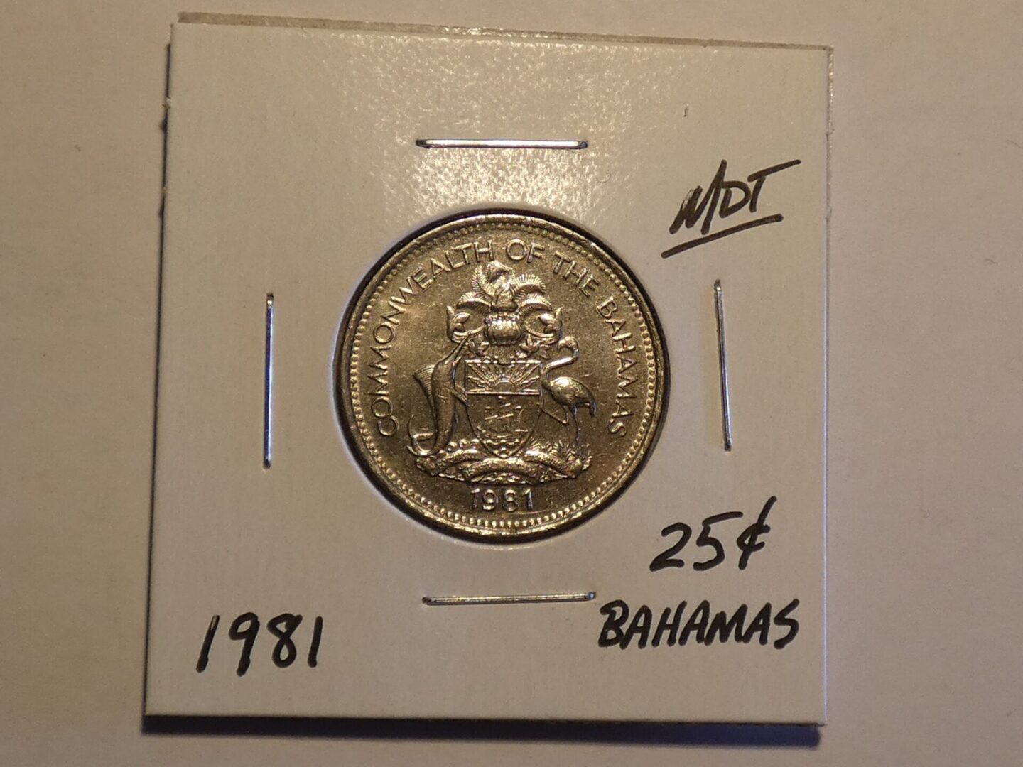 1981 Bahamian 25 cent coin.