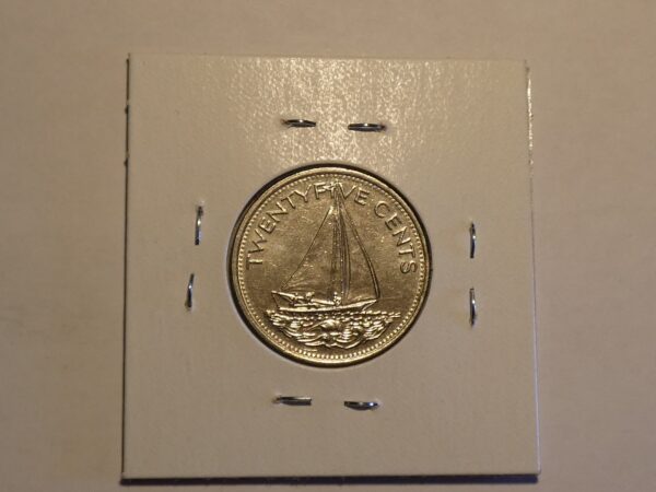 Twenty-five cent coin with sailboat.