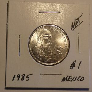 1985 Mexican coin with a man's face.