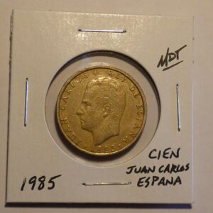 Spanish 100 pesetas coin featuring King Juan Carlos I.