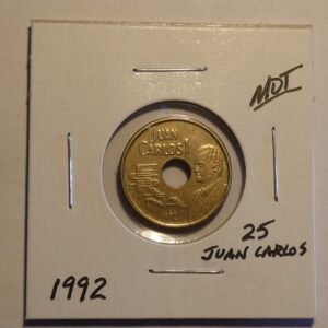 1992 Spanish 25 pesetas coin with Juan Carlos I.