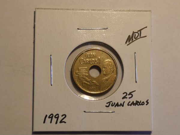 1992 Spanish 25 pesetas coin with Juan Carlos I.