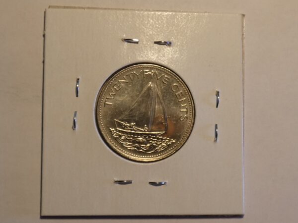 Twenty-five cent coin with sailboat.