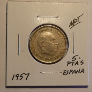 1957 Spanish 5 Ptas coin with portrait.