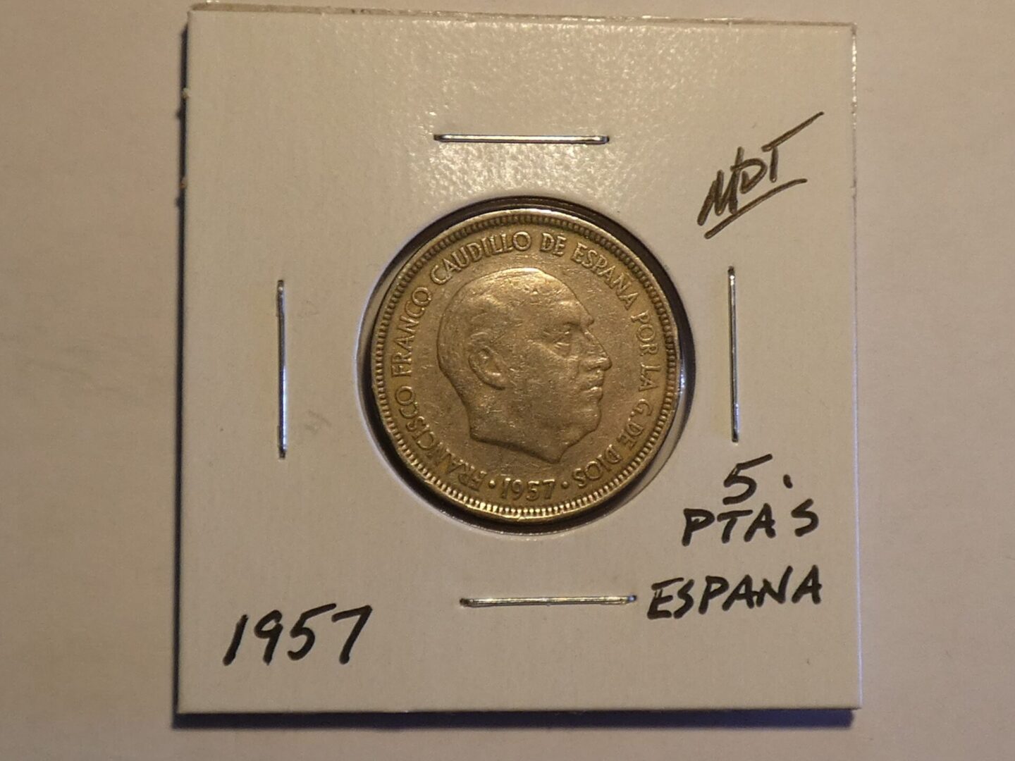 1957 Spanish 5 Ptas coin with portrait.