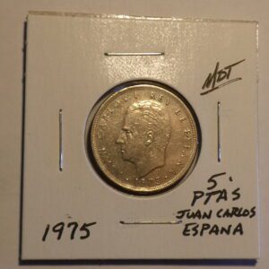 1975 Spanish 5 peseta coin with Juan Carlos I.