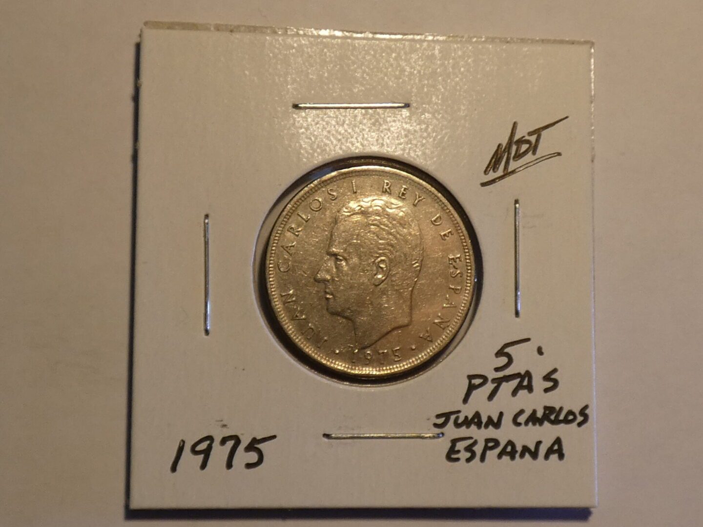 1975 Spanish 5 peseta coin with Juan Carlos I.