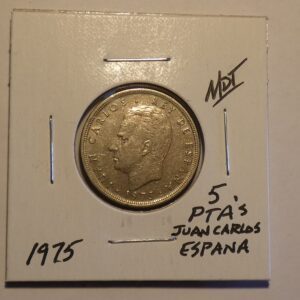 1975 Spanish 5 peseta coin with Juan Carlos I.