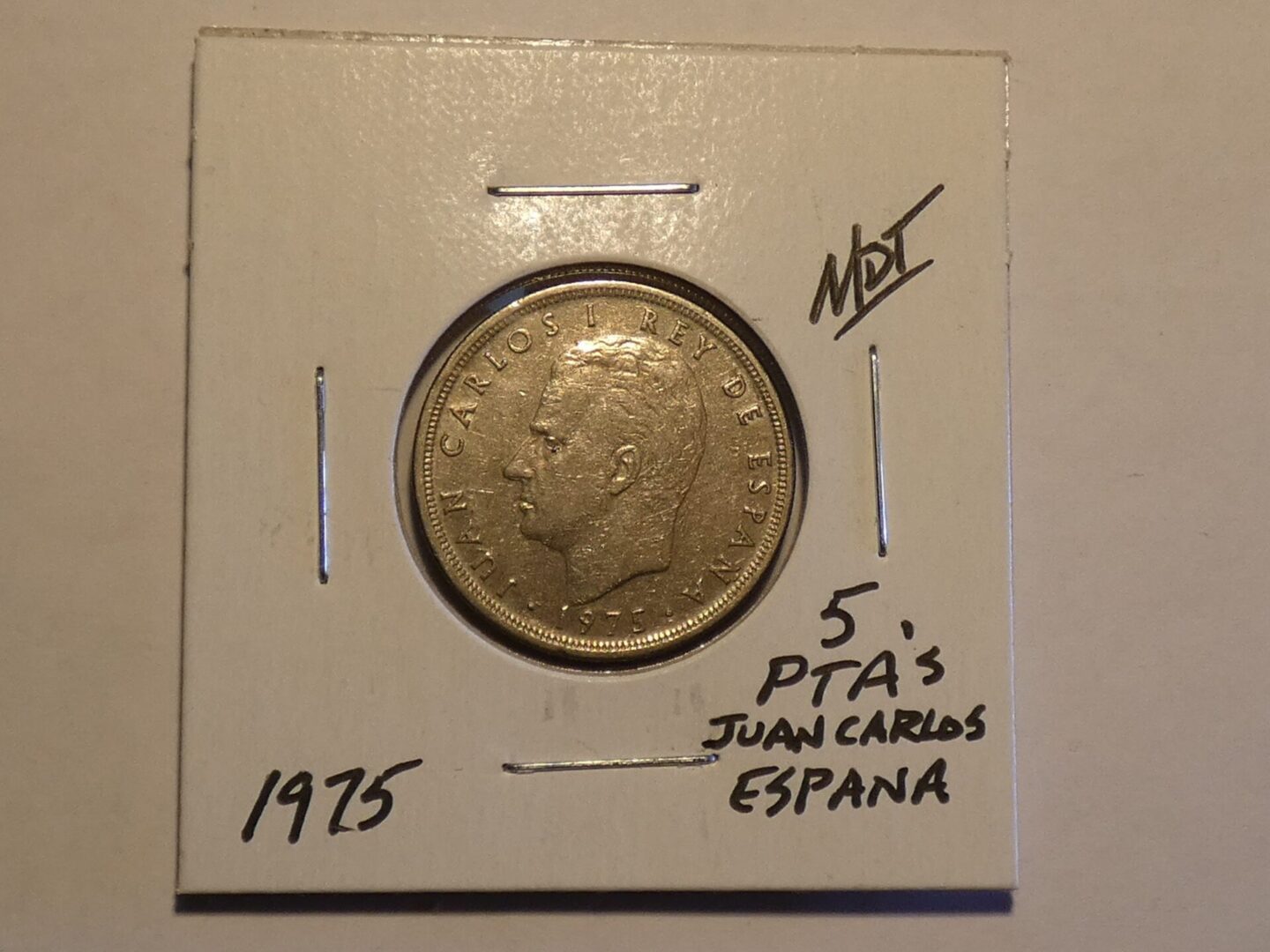 1975 Spanish 5 peseta coin with Juan Carlos I.