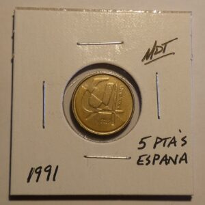 1991 Spanish 5 pesetas coin.