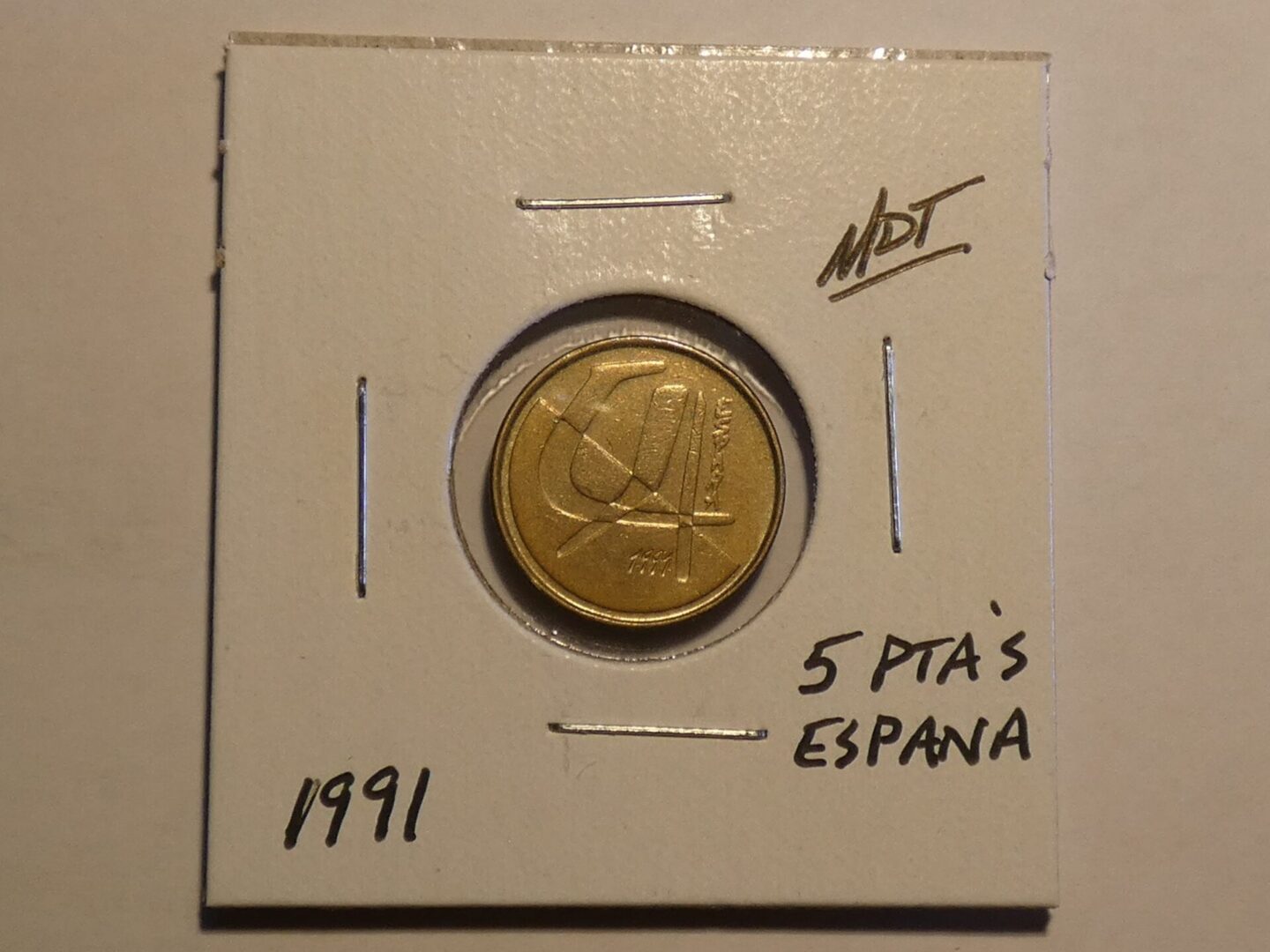 1991 Spanish 5 pesetas coin.