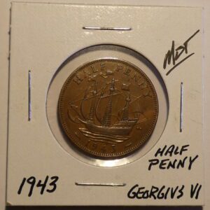 1943 British half penny coin.