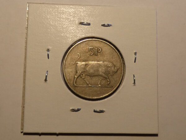 Irish 5 pence coin with bull design.