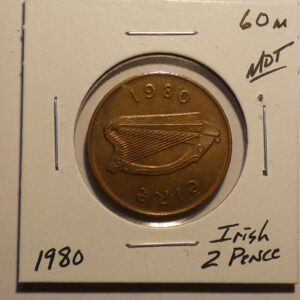 1980 Irish 2 pence coin with harp.