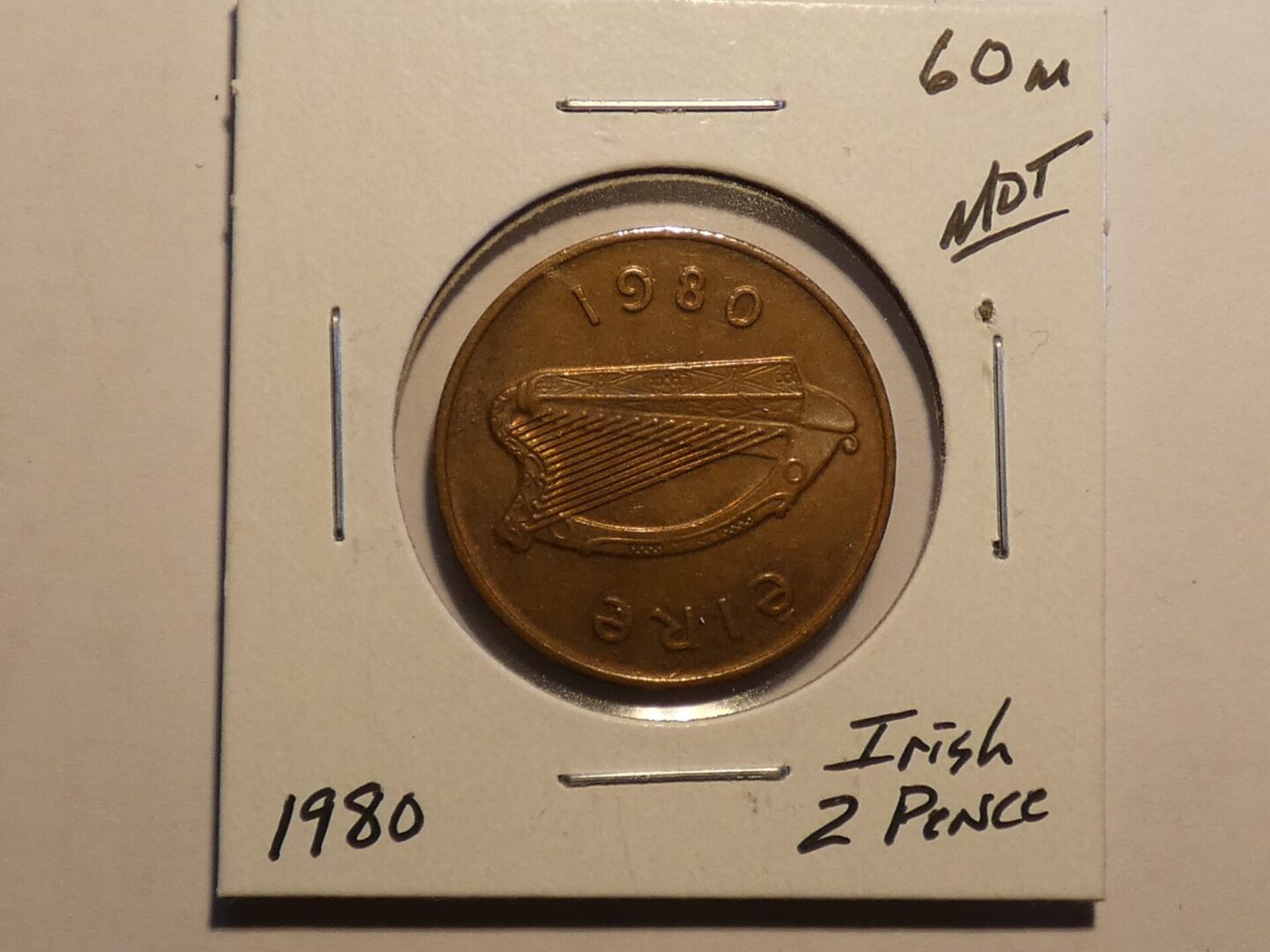 1980 Irish 2 pence coin with harp.