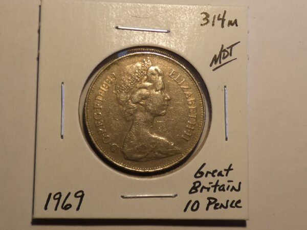 1969 Great Britain 10 pence coin.