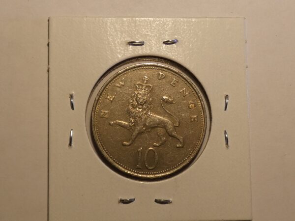 British ten pence coin with lion.