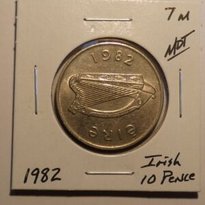 1982 Irish 10 pence coin with harp.