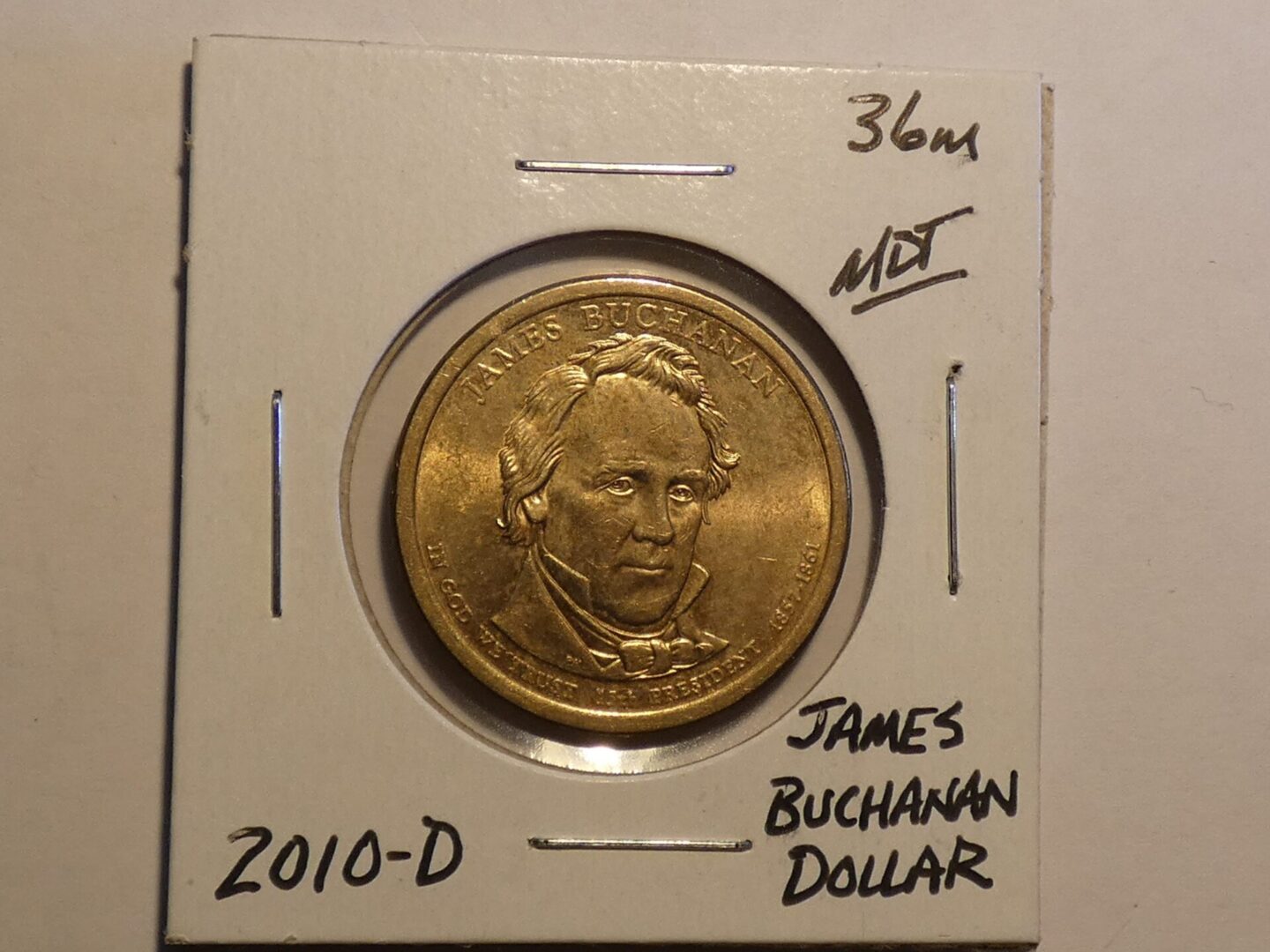 2010-D James Buchanan dollar coin.