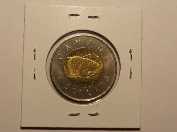 Canadian two dollar coin with polar bear.