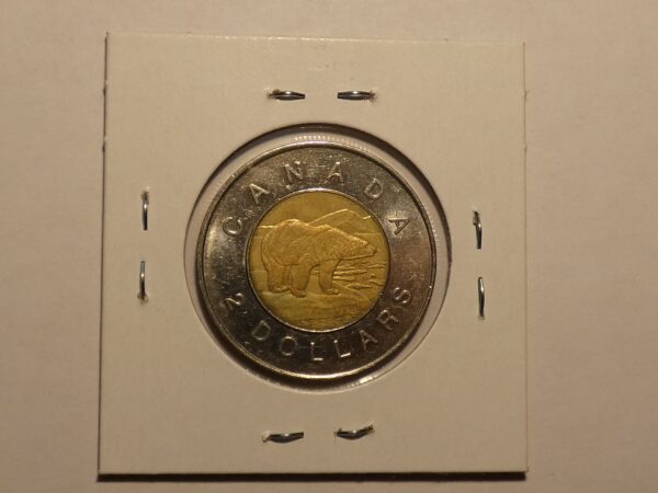 Canadian two dollar coin with polar bear.