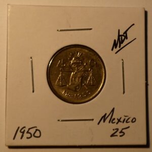 1950 Mexican 25 Centavos coin.