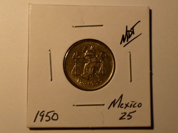 1950 Mexican 25 Centavos coin.