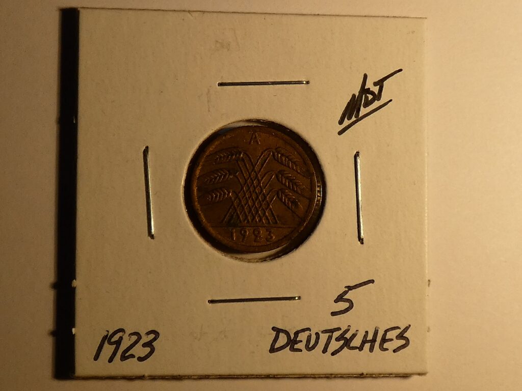 1923 German 5 Pfennig coin with wheat