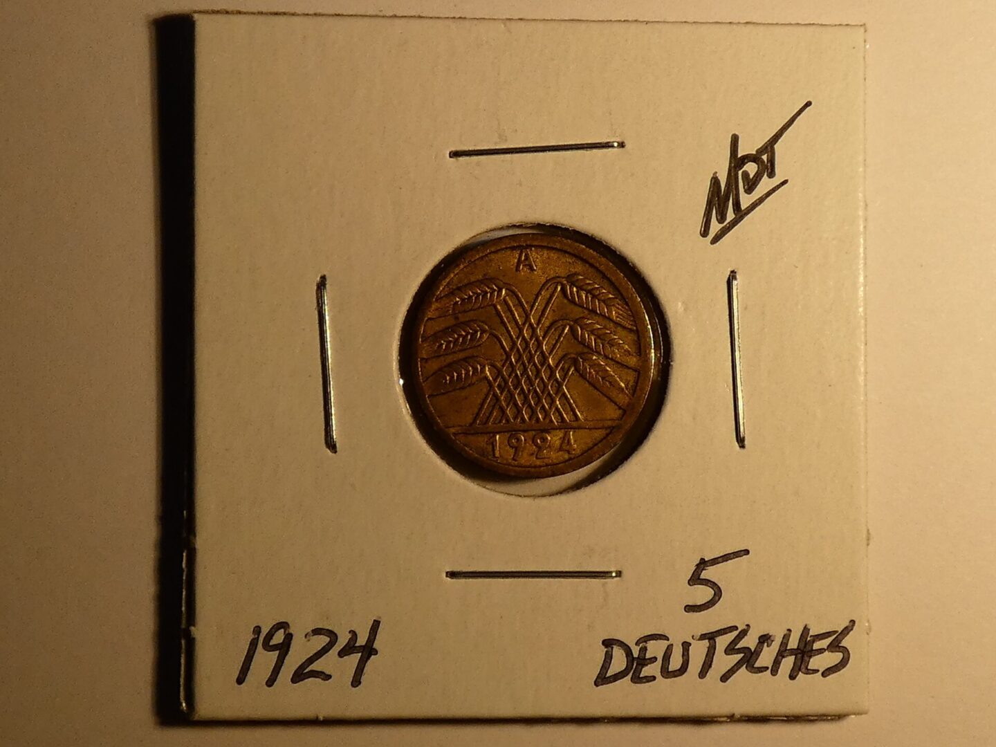 1924 German 5 pfennig coin with wheat.