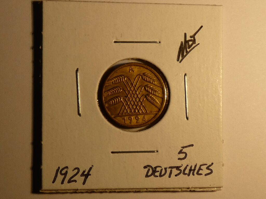 1924 German 5 Pfennig coin with wheat design.