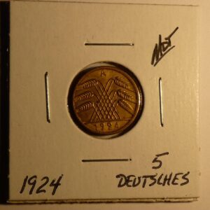 1924 German 5 Pfennig coin with wheat design.