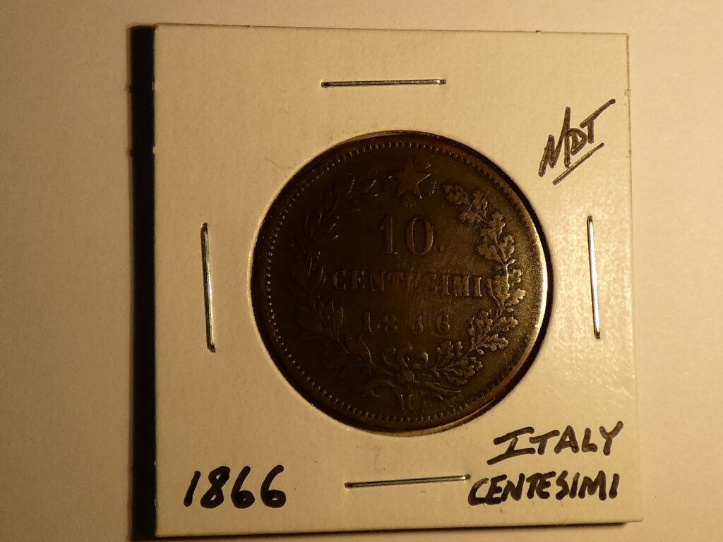 Italian 10 centesimi coin from 1866.